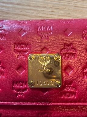 MCM Red Visetos Embossed Leather Trifold Wallet Gold Plate Logo EUC